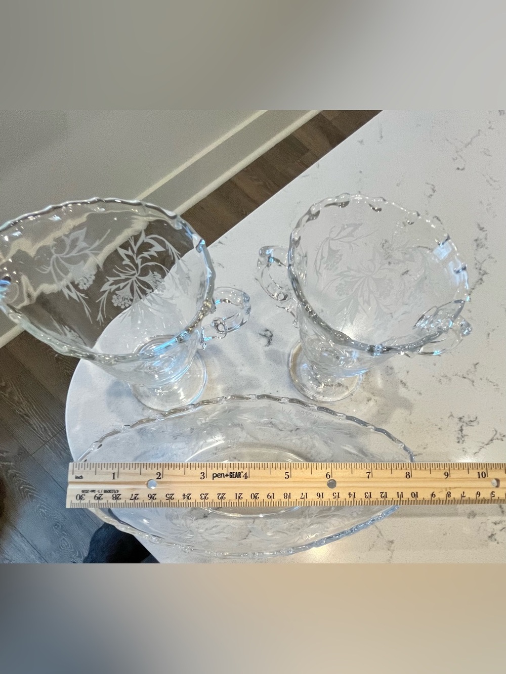 Vintage Fostoria Heather Etched Glass Creamer Sugar & Tray Set 3pc - Picture 5 of 5